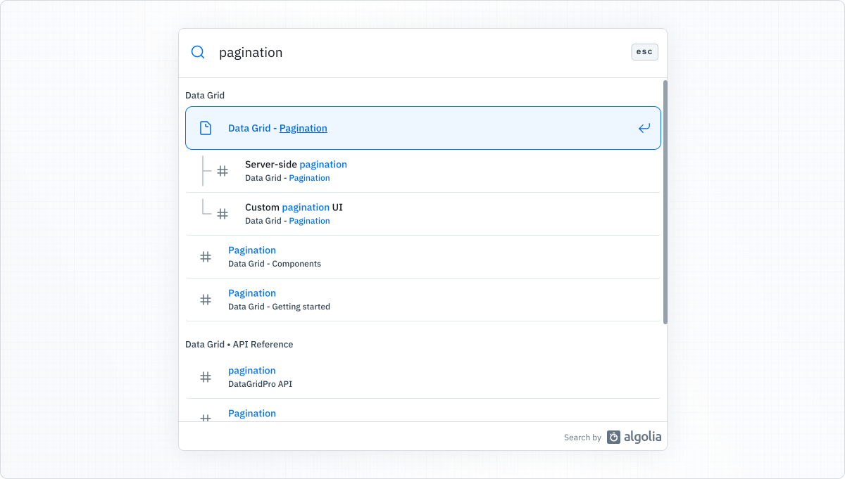 Screenshot of search results for pagination after the documentation restructuring. Now when viewing the MUI X section, only results related to the data grid pagination feature are returned.